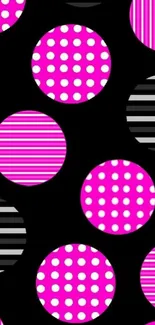 Pink polka dot and striped pattern wallpaper on a dark background.