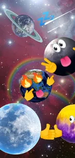 Colorful emoji planets on a cosmic background wallpaper.