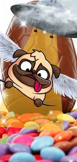 Playful pug with wings amidst colorful candies and UFO in cartoon style.