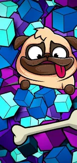 Cartoon pug with colorful cubes and bones on a vibrant background.