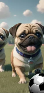 Two cute pugs playing with a soccer ball on a grassy field.