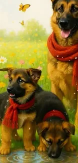 Cute puppies wearing red scarves in a sunny meadow with butterflies.