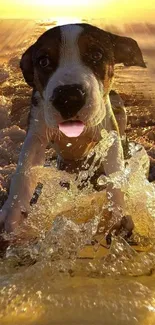 Adorable puppy splashing at sunset beach, vibrant mobile wallpaper.