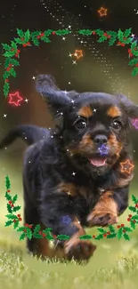 Adorable puppy with Christmas decorations, running joyfully.