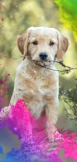 Puppy with colorful paint splash, vibrant design.