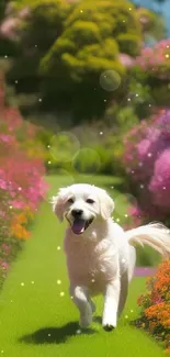 A cheerful puppy runs in a vibrant garden surrounded by colorful flowers.