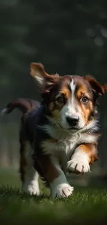 Adorable puppy running in a forest.