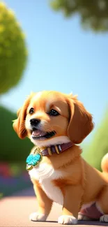 Cute puppy sits on a sunny garden path in a vibrant smartphone wallpaper.