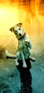 Adorable puppy sitting on a shiny golden background.