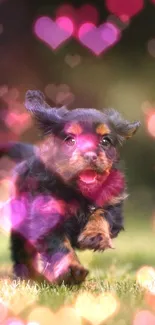 Playful puppy running across a grassy field.