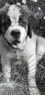 Black and white puppy on grassy field with flowers.