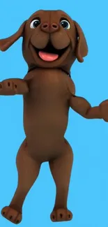 Playful brown puppy cartoon on blue background.