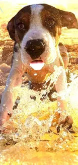 Puppy joyfully splashing in water at the beach.