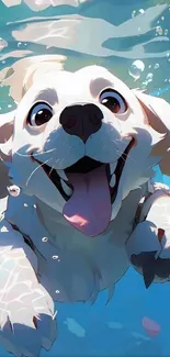 Cartoon puppy swimming underwater with a joyful expression.