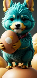 Teal puppy holding an egg with playful figures in a whimsical mobile wallpaper.