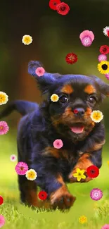 Playful puppy with colorful flowers on lush green grass.