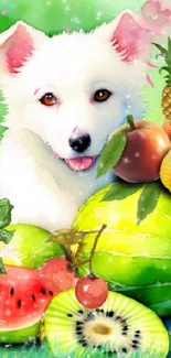 Playful white puppy with colorful fruits and green background.