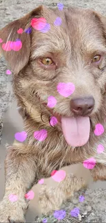 Adorable puppy with pink hearts on a brown background.