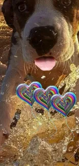 Cute puppy with rainbow heart balloons and water splash.