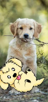 Golden retriever puppy with a stick and cute illustration in nature.