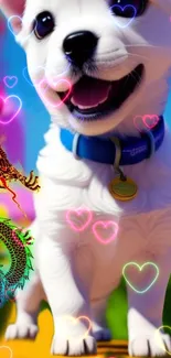 Cute white puppy with colorful neon hearts and bright sky background.