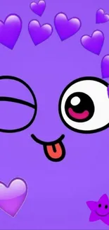 Playful purple emoji wallpaper with hearts and a winking face.