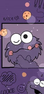 Purple themed wallpaper with a cute cartoon monster and cookies.