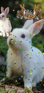 Playful rabbit with confetti on a vibrant mobile wallpaper.