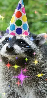 Raccoon wearing party hat with green background.