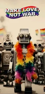 Colorful robots with rainbow flags in a pride-themed wallpaper.