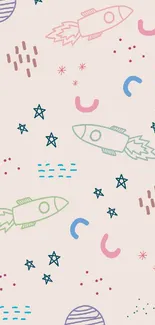 Colorful doodle wallpaper with rockets and stars on pale pink background.