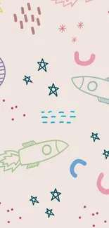 Playful pastel rocket pattern wallpaper with stars and planets.