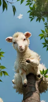 Whimsical wallpaper with a sheep perched on a tree under a blue sky.