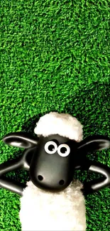 Cartoon sheep lying on vivid green grass.