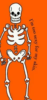 Playful skeleton illustration on orange background with funny caption.