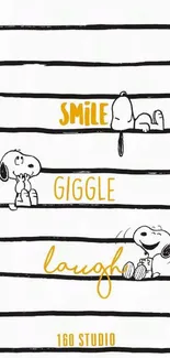 Playful Snoopy wallpaper with stripes and text: Smile, Giggle, Laugh.