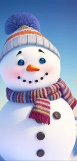 Snowman in colorful scarf and hat, under a bright winter sky.