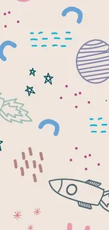 Playful doodle wallpaper with rockets and stars on beige background.