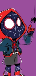 Cartoon hero in a red and black outfit with spider on purple background.