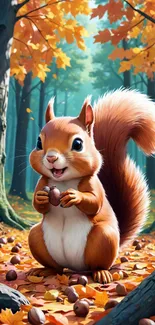 Cute squirrel in autumn forest setting with colorful leaves.