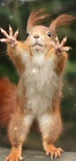 Playful squirrel reaching out on a forest log.