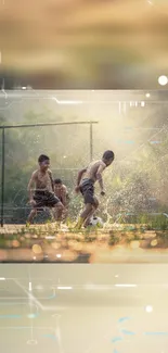 Children play during sunset with digital overlays in dynamic mobile wallpaper.