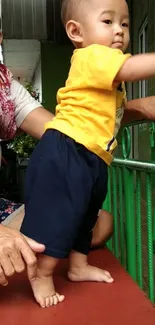 Young toddler standing next to a green railing, wearing a bright yellow shirt.