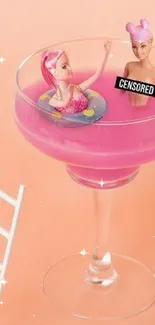 Toy figures in pink cocktail with peach background