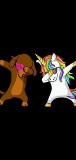 Unicorn and dog dabbing on a black background, colorful cartoon design.