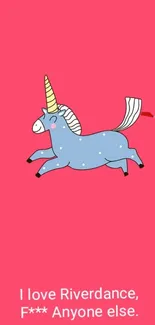 Playful blue unicorn on bright pink background with humorous text.