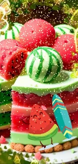 Whimsical watermelon cake wallpaper with vibrant colors and playful design.