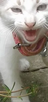 Close-up of a playful white kitten with a pink collar on a mobile wallpaper.