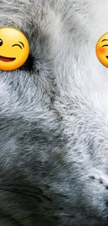 Wolf with emoji eyes creating a playful wallpaper for phones.