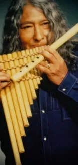 Musician playing bamboo pan flute with deep concentration.